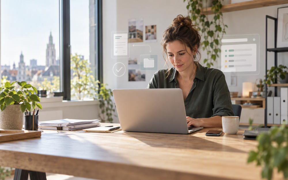 Ondernemer werkt digitaal aan facturatie en administratie met een laptop in een lichte kantoorruimte.